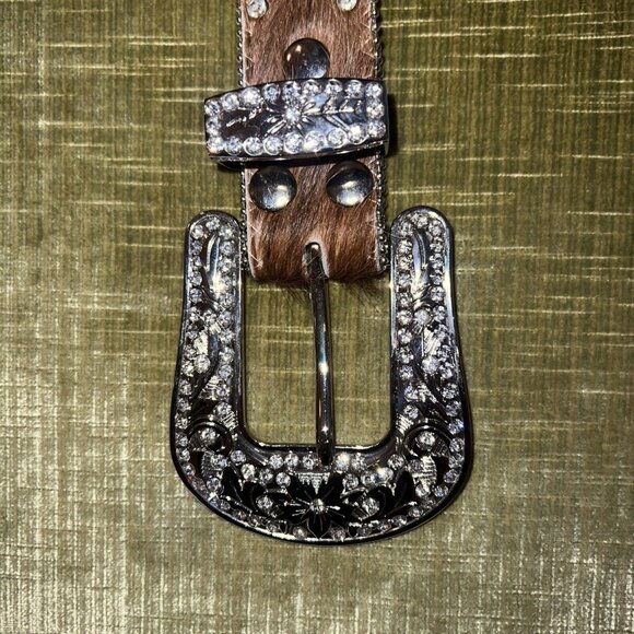 Nocona Brown Calf Hair Leather Studded Iridescent Rhinestone Belt M 32.5-38.5” - Picture 11 of 16